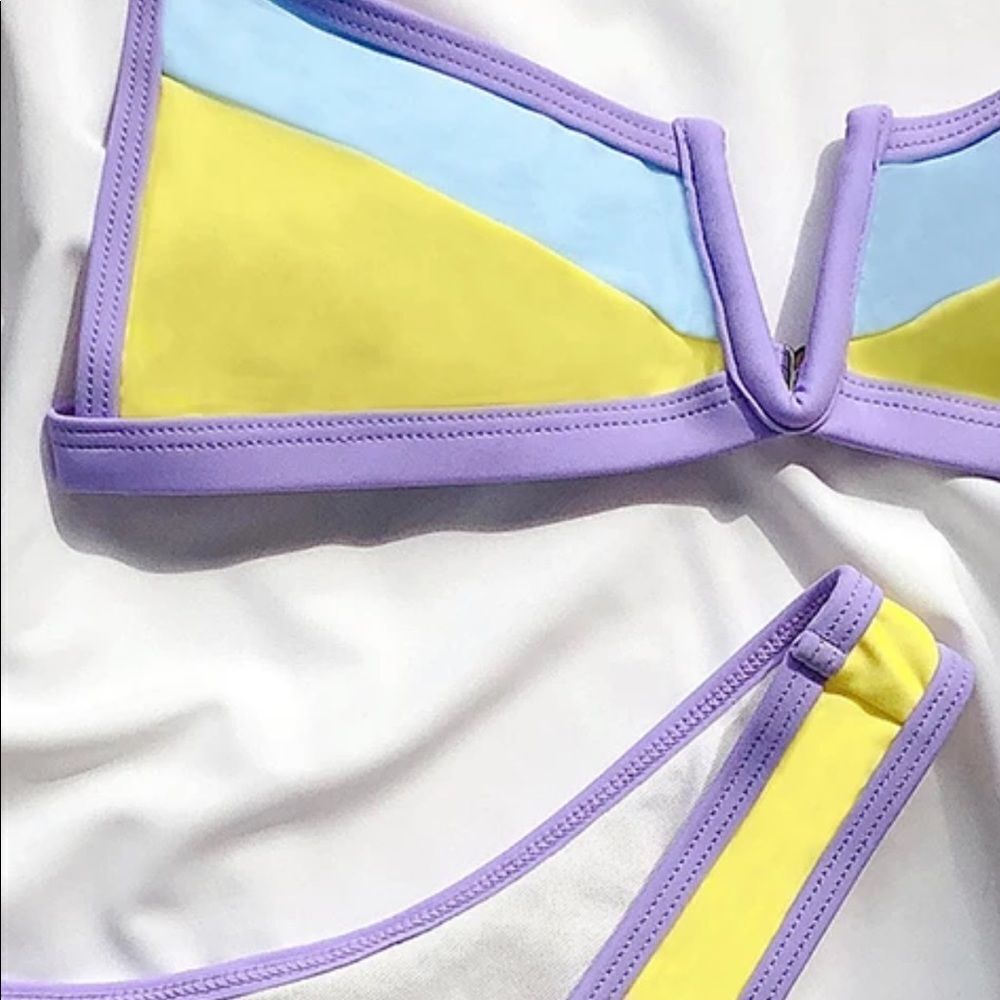 NEW! Multi Color Pastel Color Block V-Wire Front Bikini - Picture 5 of 10